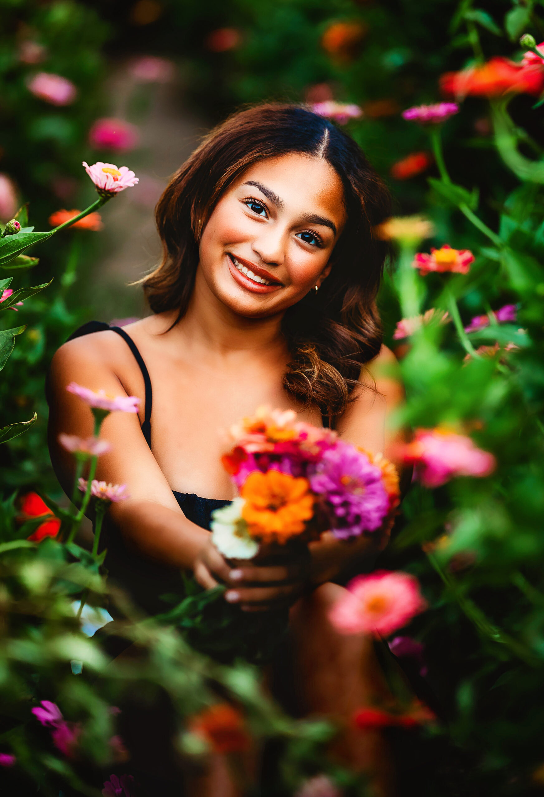 Senior Photos in zinnia flowers