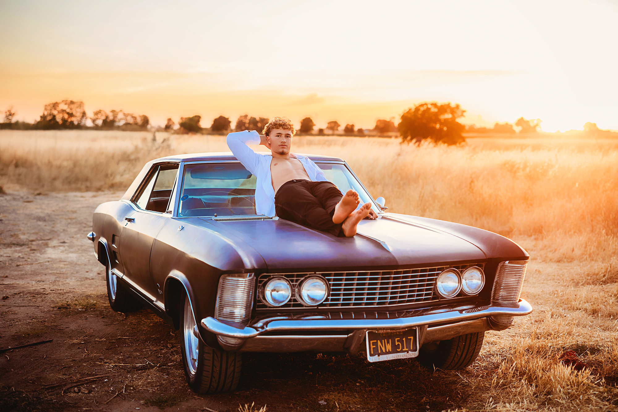 Guys senior photos, outdoors, sunset, classic car